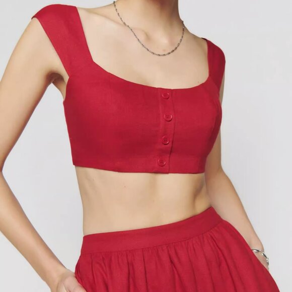 NEW Reformation Teya Linen Two Piece Sz6 Cherry Red Mini Dress Causal Set - Picture 12 of 13